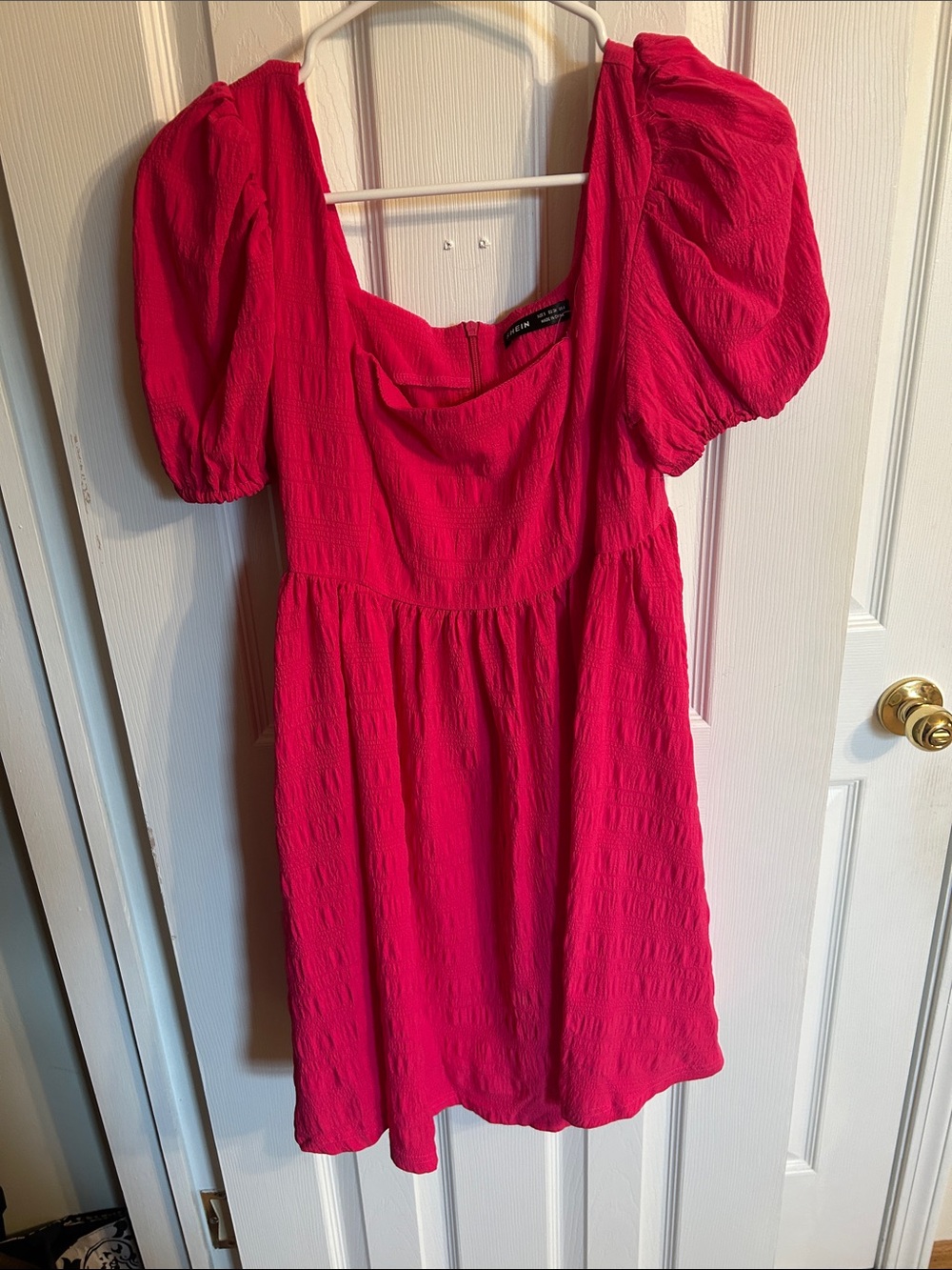 SHEIN Bright Pink Puff-Sleeve Midi Dress